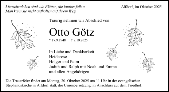 Traueranzeige von Otto Götz von Waiblinger Kreiszeitung