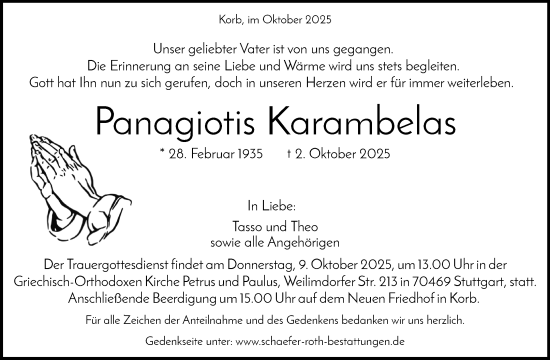 Traueranzeige von Panagiotis Karambelas von Waiblinger Kreiszeitung