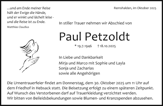 Traueranzeige von Paul Petzoldt von Waiblinger Kreiszeitung