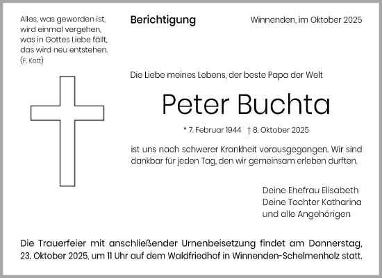 Traueranzeige von Peter Buchta von Waiblinger Kreiszeitung