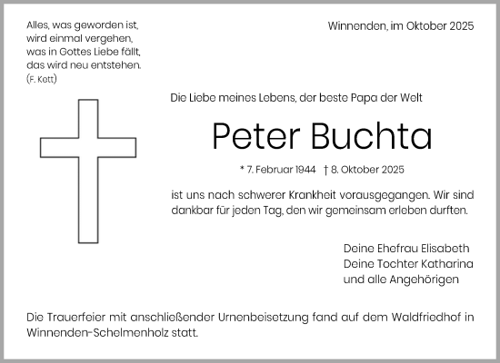 Traueranzeige von Peter Buchta von Waiblinger Kreiszeitung