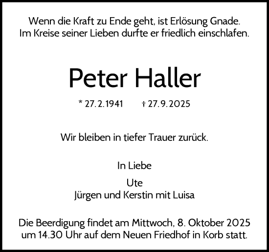 Traueranzeige von Peter Haller von Waiblinger Kreiszeitung