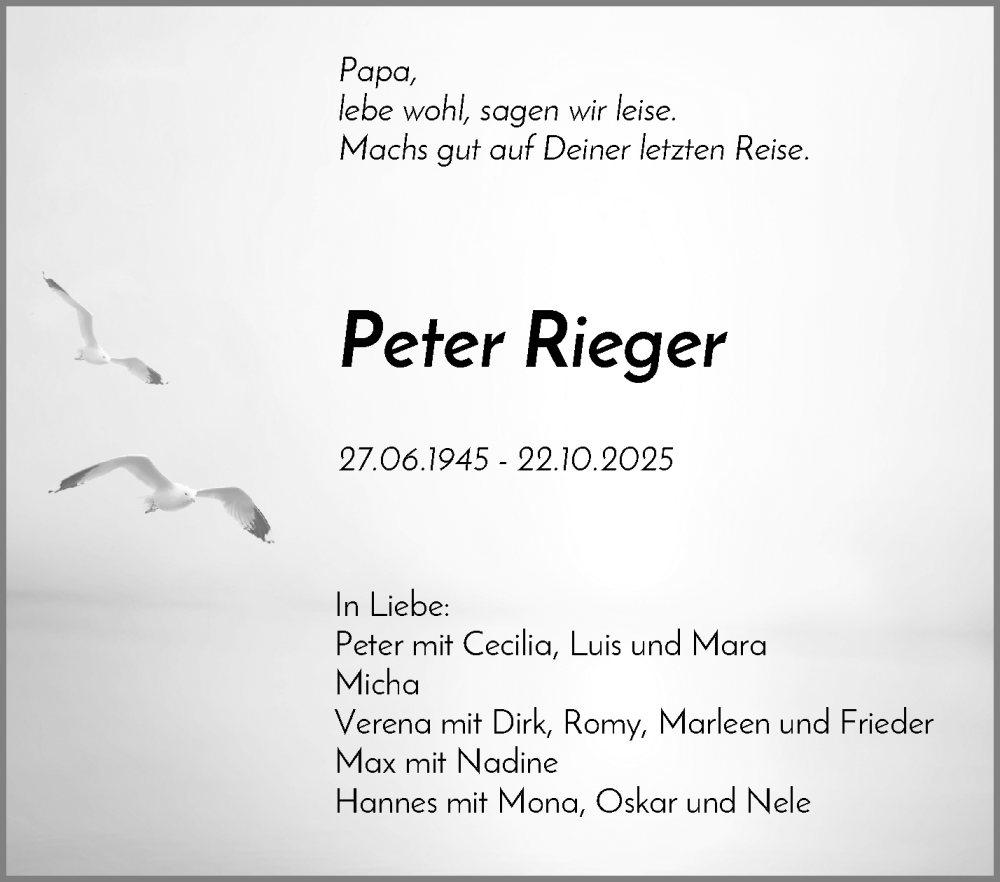 Traueranzeige für Peter Rieger vom 25.10.2025 aus Waiblinger Kreiszeitung