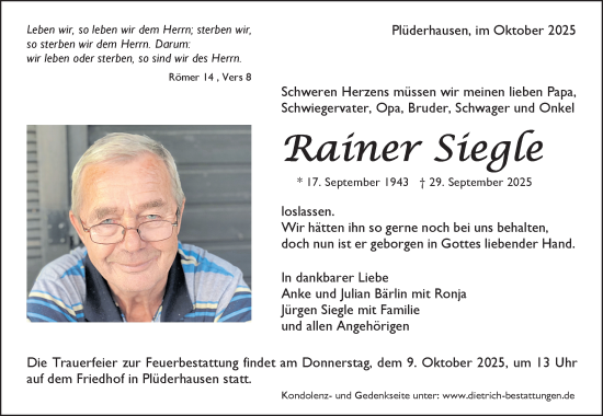 Traueranzeige von Rainer Siegle von Waiblinger Kreiszeitung