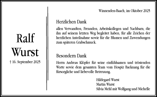 Traueranzeige von Ralf Wurst von Waiblinger Kreiszeitung