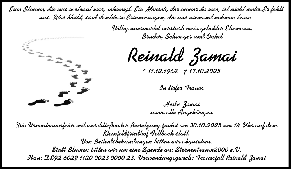  Traueranzeige für Reinald Zamai vom 24.10.2025 aus Waiblinger Kreiszeitung