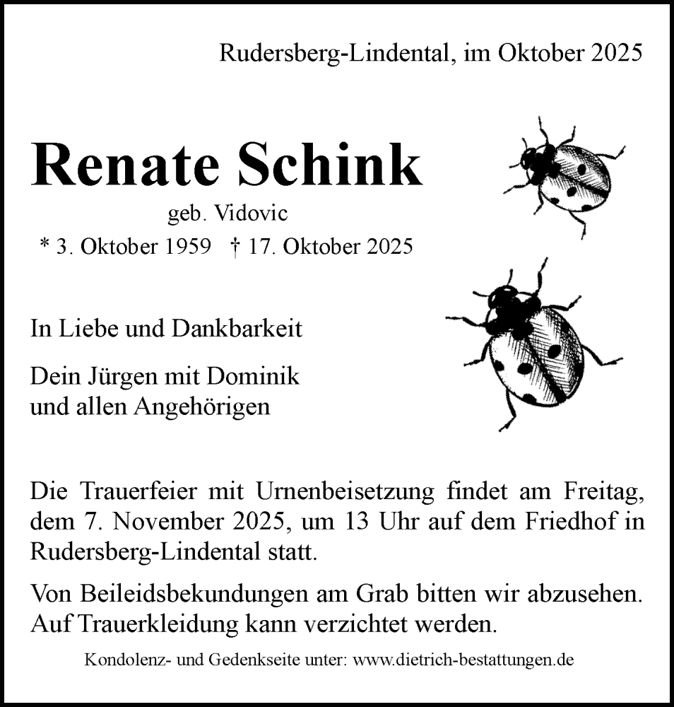  Traueranzeige für Renate Schink vom 31.10.2025 aus Waiblinger Kreiszeitung