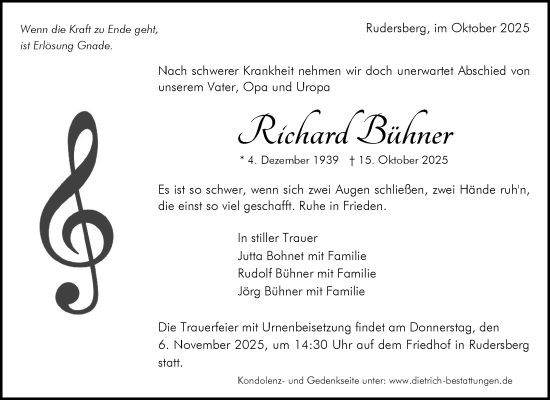 Traueranzeige von Richard Bühner von Waiblinger Kreiszeitung