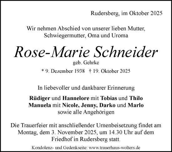 Traueranzeige von Rose-Marie Schneider von Waiblinger Kreiszeitung