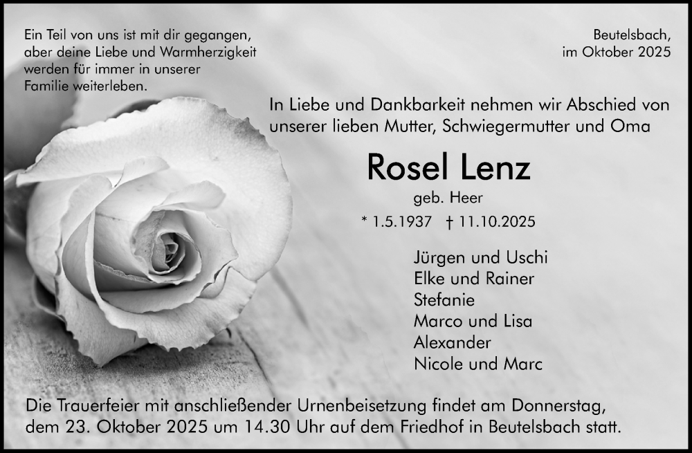  Traueranzeige für Rosel Lenz vom 18.10.2025 aus Waiblinger Kreiszeitung