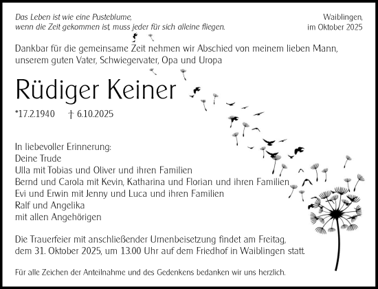 Traueranzeige von Rüdiger Keiner von Waiblinger Kreiszeitung