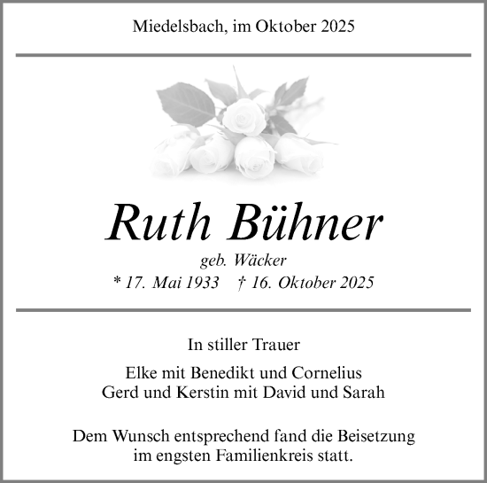 Traueranzeige von Ruth Bühner von Waiblinger Kreiszeitung