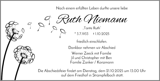 Traueranzeige von Ruth Niemann von Waiblinger Kreiszeitung