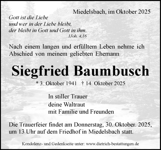 Traueranzeige von Siegfried Baumbusch von Waiblinger Kreiszeitung