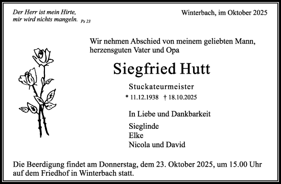 Traueranzeige von Siegfried Hutt von Waiblinger Kreiszeitung