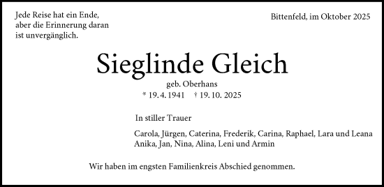 Traueranzeige von Sieglinde Gleich von Waiblinger Kreiszeitung