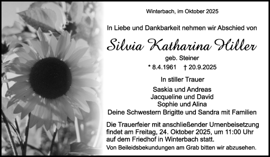 Traueranzeige von Silvia Katharina Hiller von Waiblinger Kreiszeitung