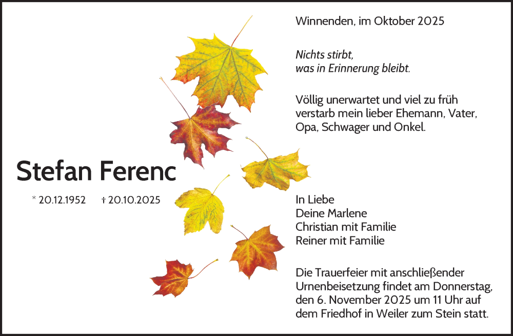  Traueranzeige für Stefan Ferenc vom 30.10.2025 aus Waiblinger Kreiszeitung