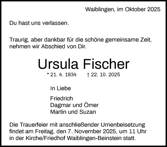 Traueranzeige von Ursula Fischer von Waiblinger Kreiszeitung