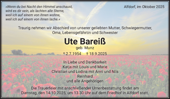 Traueranzeige von Ute Bareiß von Waiblinger Kreiszeitung