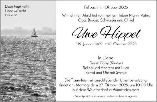 Traueranzeige von Uwe Hippel von Waiblinger Kreiszeitung