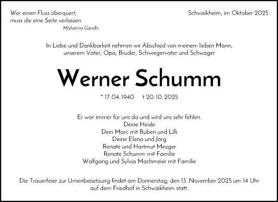 Traueranzeige von Werner Schumm von Waiblinger Kreiszeitung