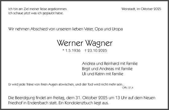 Traueranzeige von Werner Wagner von Waiblinger Kreiszeitung