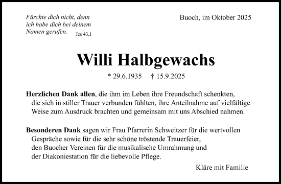 Traueranzeige von Willi Halbgewachs von Waiblinger Kreiszeitung