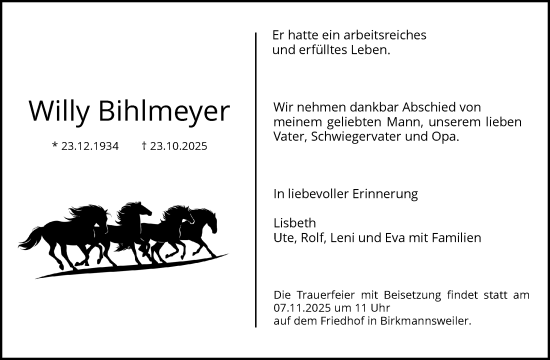 Traueranzeige von Willy Bihlmeyer von Waiblinger Kreiszeitung