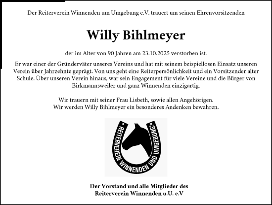 Traueranzeige von Willy Bihlmeyer von Waiblinger Kreiszeitung