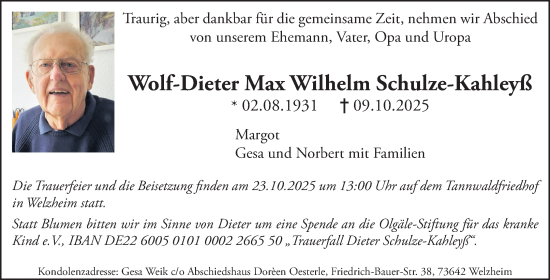 Traueranzeige von Wolf-Dieter Max Wilhelm Schulze-Kahleyß von Waiblinger Kreiszeitung