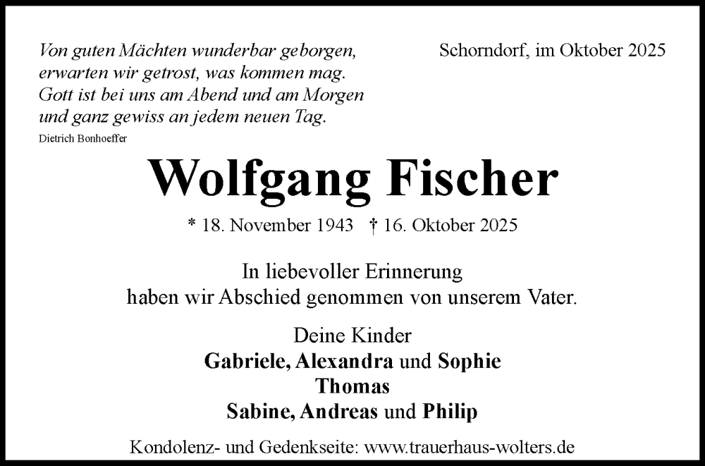  Traueranzeige für Wolfgang Fischer vom 31.10.2025 aus Waiblinger Kreiszeitung