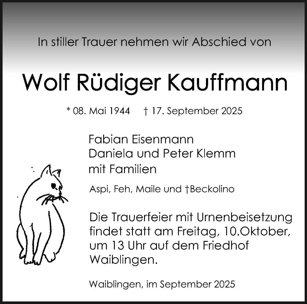  Traueranzeige für Wolf Rüdiger Kauffmann vom 04.10.2025 aus Waiblinger Kreiszeitung