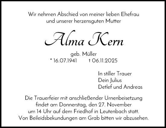 Traueranzeige von Alma Kern von Waiblinger Kreiszeitung