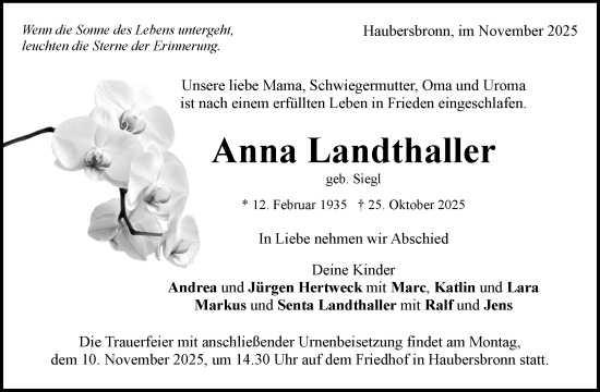 Traueranzeige von Anna Landthaller von Waiblinger Kreiszeitung