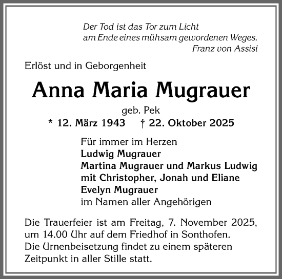 Traueranzeige von Anna Maria Mugrauer von Waiblinger Kreiszeitung