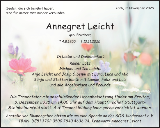 Traueranzeige von Annegret Leicht von Waiblinger Kreiszeitung