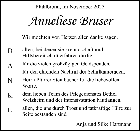 Traueranzeige von Anneliese Bruser von Waiblinger Kreiszeitung