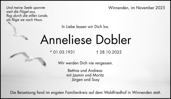 Traueranzeige von Anneliese Dobler von Waiblinger Kreiszeitung