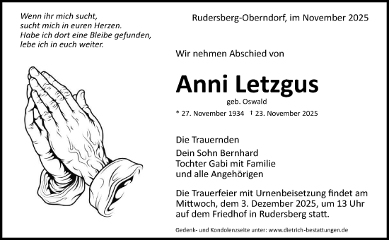 Traueranzeige von Anni Letzgus von Waiblinger Kreiszeitung