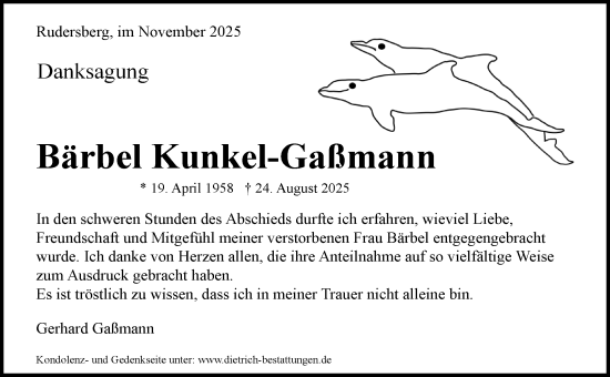 Traueranzeige von Bärbel Kunkel-Galmann von Waiblinger Kreiszeitung