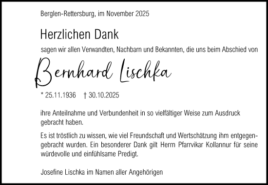 Traueranzeige von Bernhard Lischka von Waiblinger Kreiszeitung