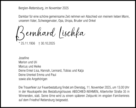 Traueranzeige von Bernhard Lischka von Waiblinger Kreiszeitung