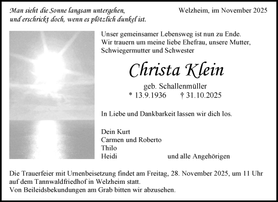 Traueranzeige von Christa Klein von Waiblinger Kreiszeitung