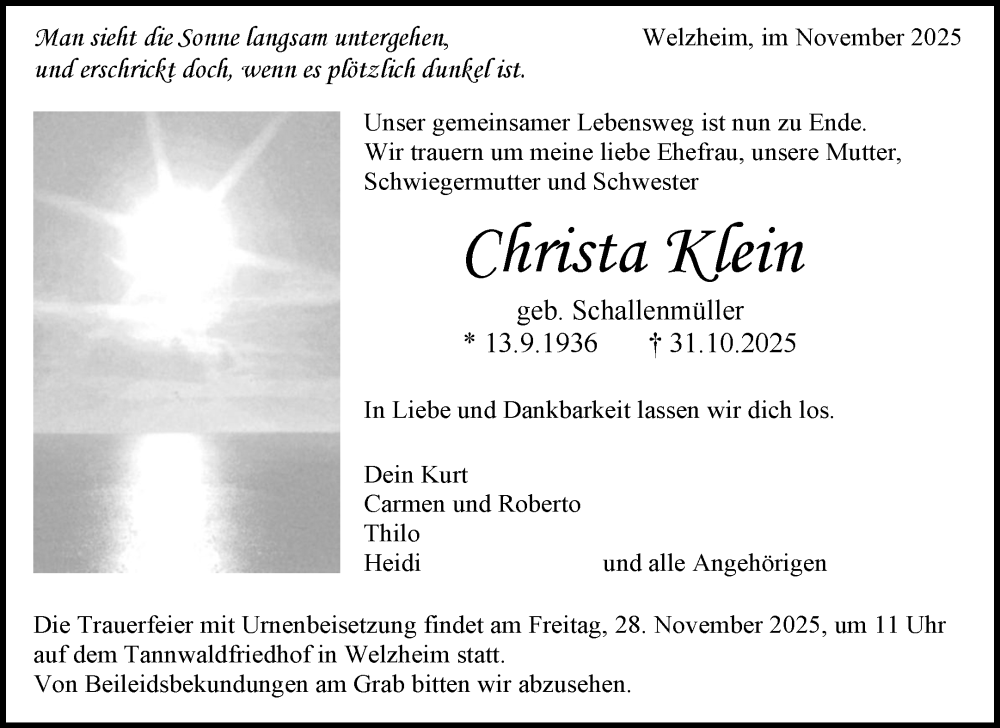  Traueranzeige für Christa Klein vom 13.11.2025 aus Waiblinger Kreiszeitung