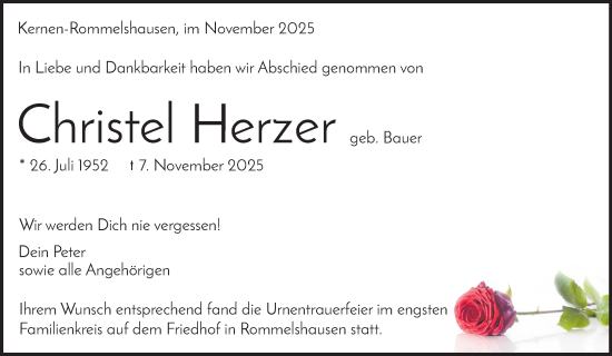 Traueranzeige von Christel Herzer von Waiblinger Kreiszeitung