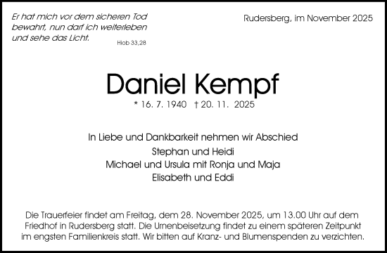 Traueranzeige von Daniel Kempf von Waiblinger Kreiszeitung
