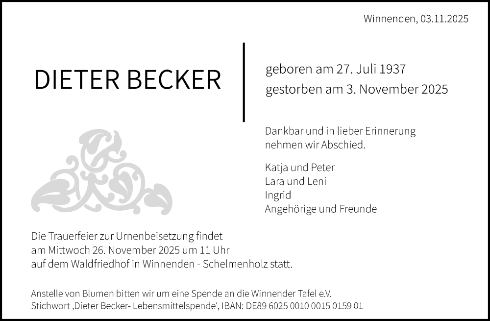  Traueranzeige für Dieter Becker vom 14.11.2025 aus Waiblinger Kreiszeitung