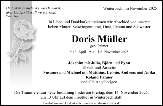 Traueranzeige von Doris Müller von Waiblinger Kreiszeitung