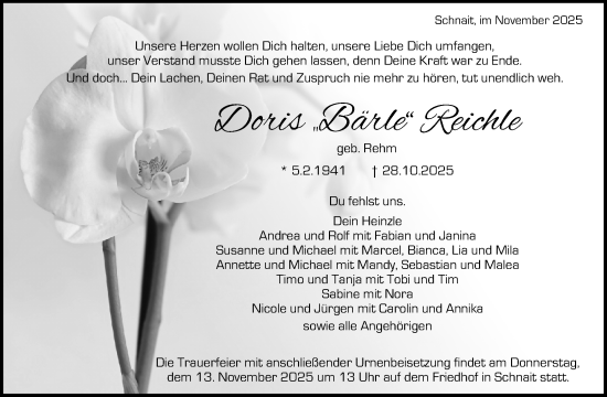 Traueranzeige von Doris Reichle von Waiblinger Kreiszeitung